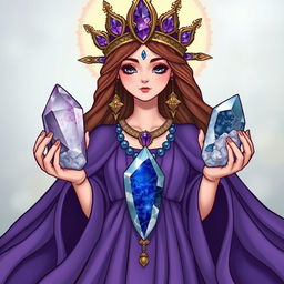 A mystical portrayal of the Goddess of Wisdom, her essence captured in a purple flowing dress that symbolizes deep insight and spiritual profundity