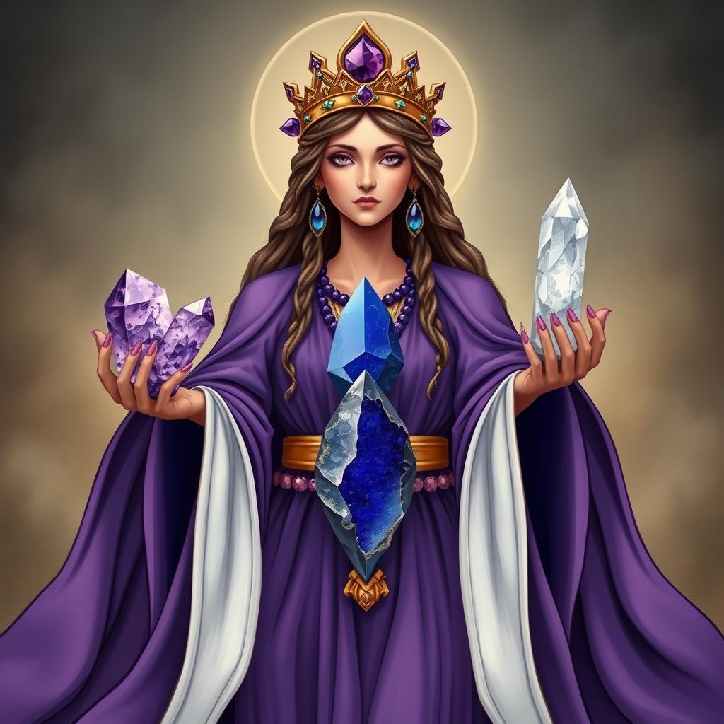 A mystical portrayal of the Goddess of Wisdom, her essence captured in a purple flowing dress that symbolizes deep insight and spiritual profundity