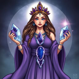 A mystical portrayal of the Goddess of Wisdom, her essence captured in a purple flowing dress that symbolizes deep insight and spiritual profundity