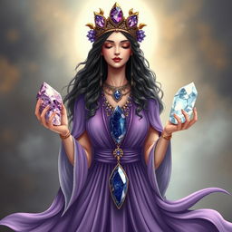 A mystical portrayal of the Goddess of Wisdom, adorned in a purple flowing dress that embodies spiritual insight and depth