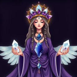 A mystical portrayal of the Goddess of Wisdom, adorned in a purple flowing dress that embodies spiritual insight and depth