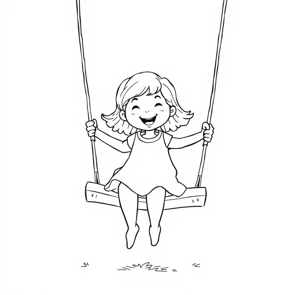 Black and white coloring book illustration featuring a happy little girl joyfully swinging on a swing with a giant apple as the seat