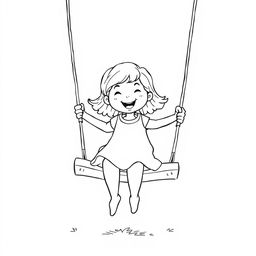 Black and white coloring book illustration featuring a happy little girl joyfully swinging on a swing with a giant apple as the seat