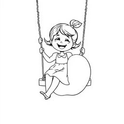 Black and white coloring book illustration featuring a happy little girl joyfully swinging on a swing with a giant apple as the seat