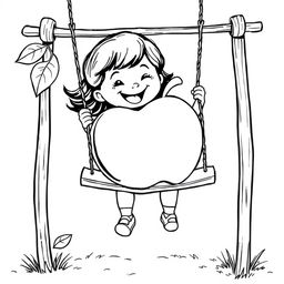 Black and white coloring book illustration featuring a happy little girl joyfully swinging on a swing with a giant apple as the seat