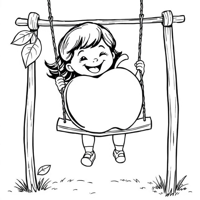 Black and white coloring book illustration featuring a happy little girl joyfully swinging on a swing with a giant apple as the seat