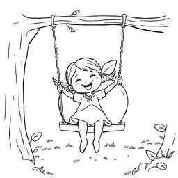 Black and white coloring book illustration featuring a happy little girl joyfully swinging on a swing with a giant apple as the seat