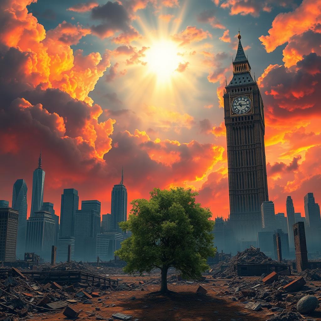 A breathtaking depiction of the end of the world, illustrating a post-apocalyptic landscape where skyscrapers crumble to ruins, the sky is filled with dramatic clouds and vibrant shades of red and orange, hinting at a catastrophic event