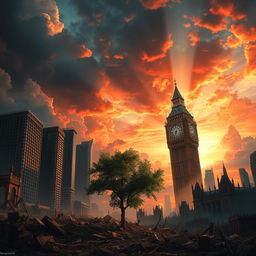 A breathtaking depiction of the end of the world, illustrating a post-apocalyptic landscape where skyscrapers crumble to ruins, the sky is filled with dramatic clouds and vibrant shades of red and orange, hinting at a catastrophic event