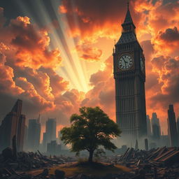 A breathtaking depiction of the end of the world, illustrating a post-apocalyptic landscape where skyscrapers crumble to ruins, the sky is filled with dramatic clouds and vibrant shades of red and orange, hinting at a catastrophic event