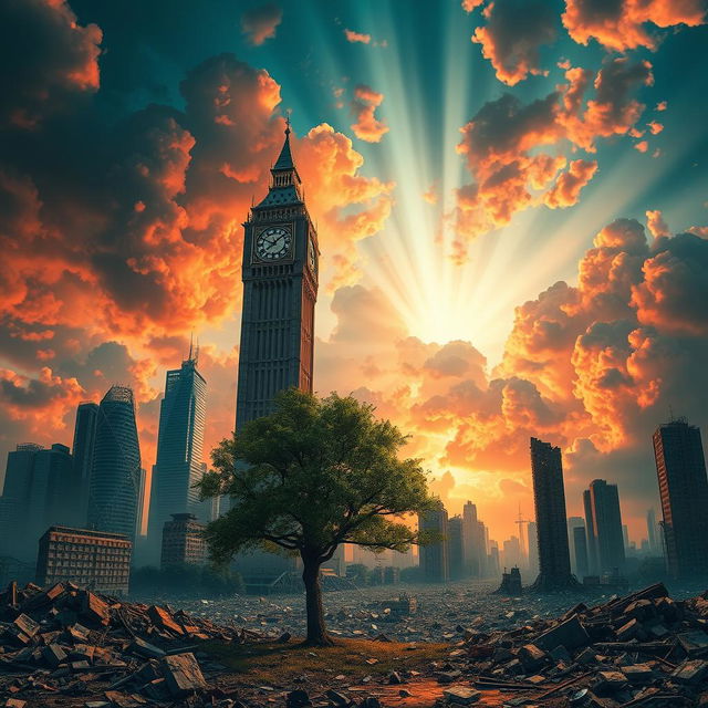 A breathtaking depiction of the end of the world, illustrating a post-apocalyptic landscape where skyscrapers crumble to ruins, the sky is filled with dramatic clouds and vibrant shades of red and orange, hinting at a catastrophic event