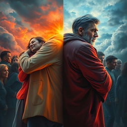 A dramatic depiction of an emotional revolution, where vibrant expressions of empathy and connection clash with the cold, calculated demeanor of egoism and indifference