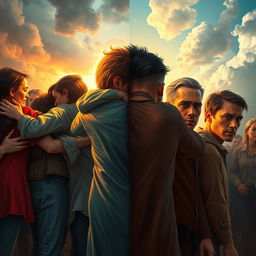 A dramatic depiction of an emotional revolution, where vibrant expressions of empathy and connection clash with the cold, calculated demeanor of egoism and indifference