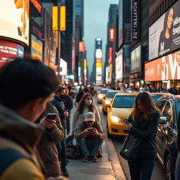 A contemporary scene depicting indifference and selfishness, with people absorbed in their phones, ignoring each other in a bustling urban setting