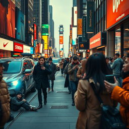 A contemporary scene depicting indifference and selfishness, with people absorbed in their phones, ignoring each other in a bustling urban setting