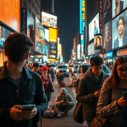 A contemporary scene depicting indifference and selfishness, with people absorbed in their phones, ignoring each other in a bustling urban setting