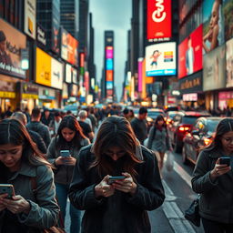 A contemporary scene depicting indifference and selfishness, with people absorbed in their phones, ignoring each other in a bustling urban setting