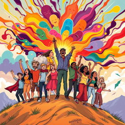 A vibrant and dynamic illustration portraying an emotional revolution, featuring a diverse group of people passionately expressing emotions like joy, anger, and hope in a powerful, colorful burst of energy