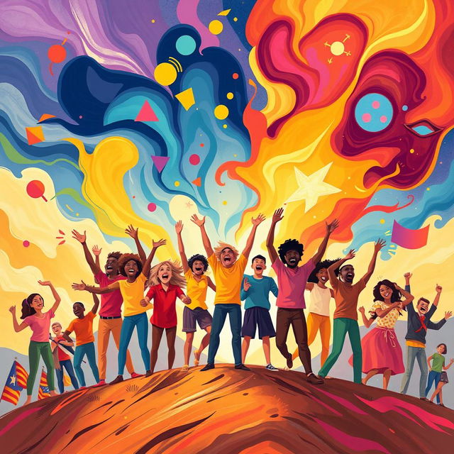 A vibrant and dynamic illustration portraying an emotional revolution, featuring a diverse group of people passionately expressing emotions like joy, anger, and hope in a powerful, colorful burst of energy