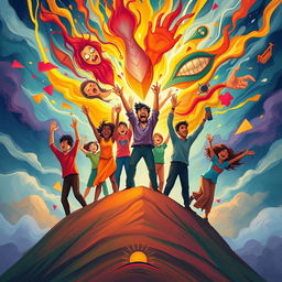 A vibrant and dynamic illustration portraying an emotional revolution, featuring a diverse group of people passionately expressing emotions like joy, anger, and hope in a powerful, colorful burst of energy