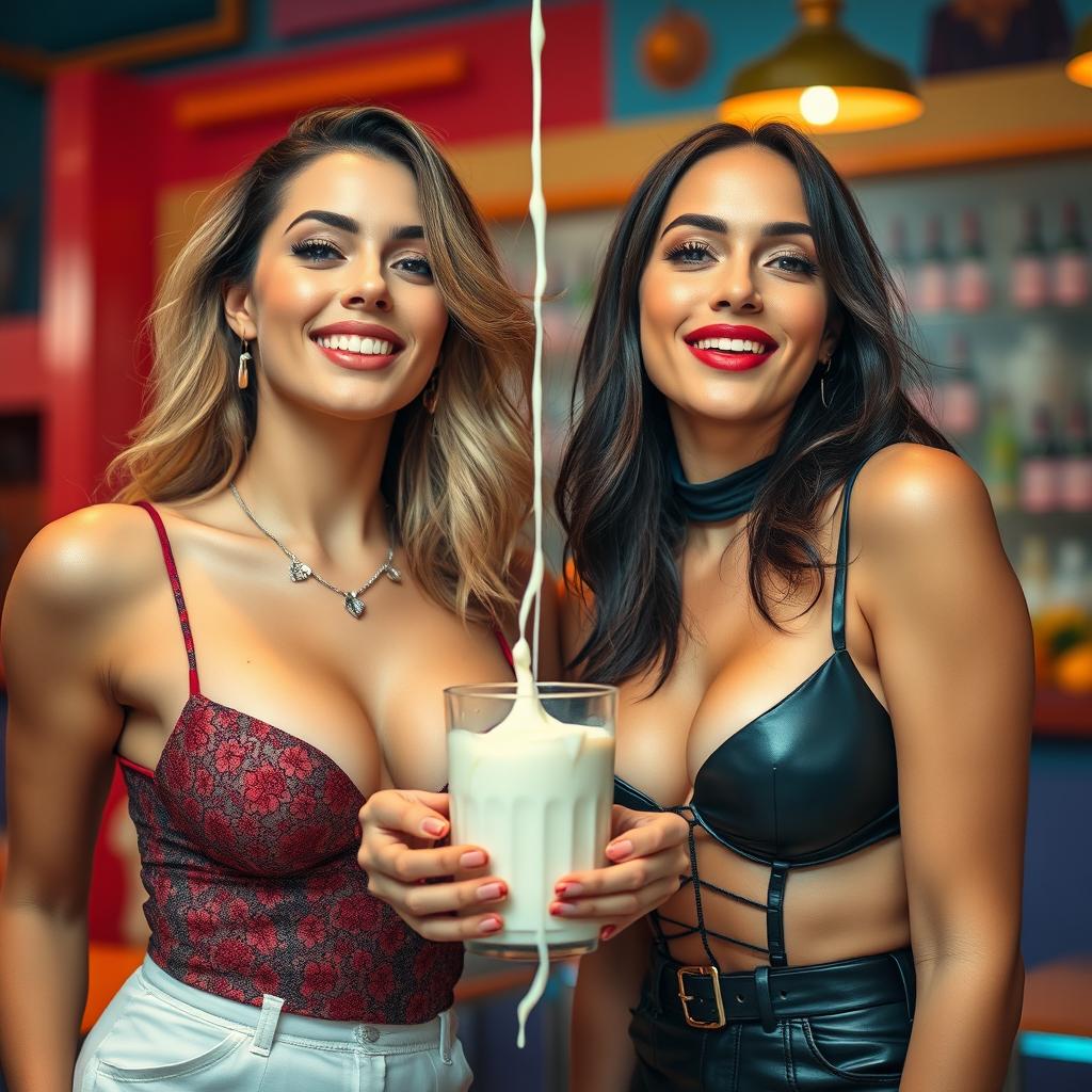 Two stunning women with diverse appearances dressed in sexy outfits, playfully enjoying the moment as sweet condensed milk drips down their faces