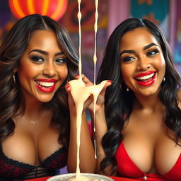 Two stunning women with diverse appearances dressed in sexy outfits, playfully enjoying the moment as sweet condensed milk drips down their faces