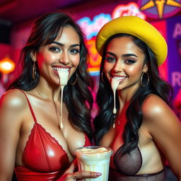 Two stunning women with diverse appearances dressed in sexy outfits, playfully enjoying the moment as sweet condensed milk drips down their faces