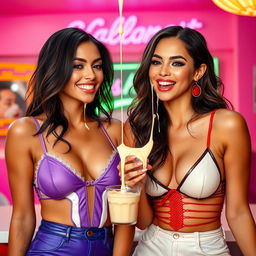 Two stunning women with diverse appearances dressed in sexy outfits, playfully enjoying the moment as sweet condensed milk drips down their faces