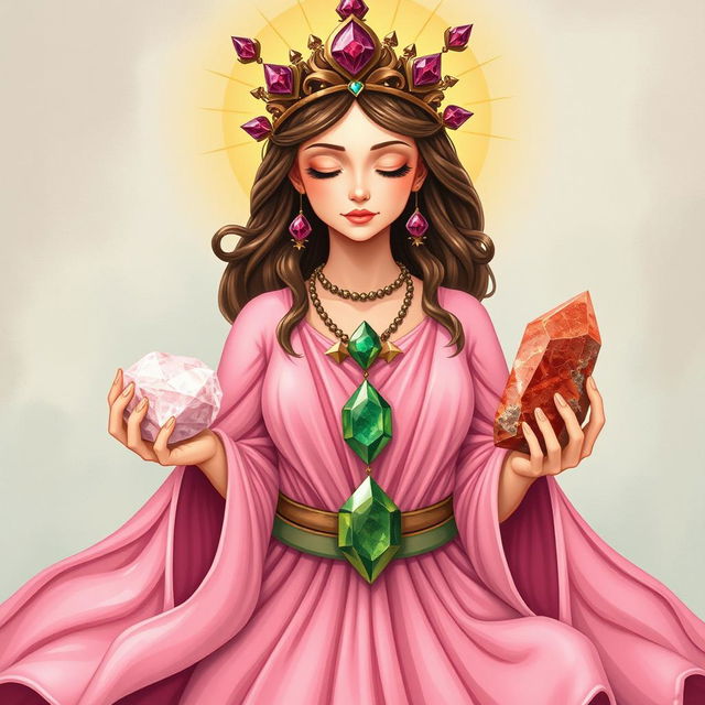 A mesmerizing portrayal of the Goddess of Harmony, gracefully dressed in a pink flowing dress that radiates warmth and tranquility