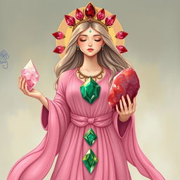 A mesmerizing portrayal of the Goddess of Harmony, gracefully dressed in a pink flowing dress that radiates warmth and tranquility