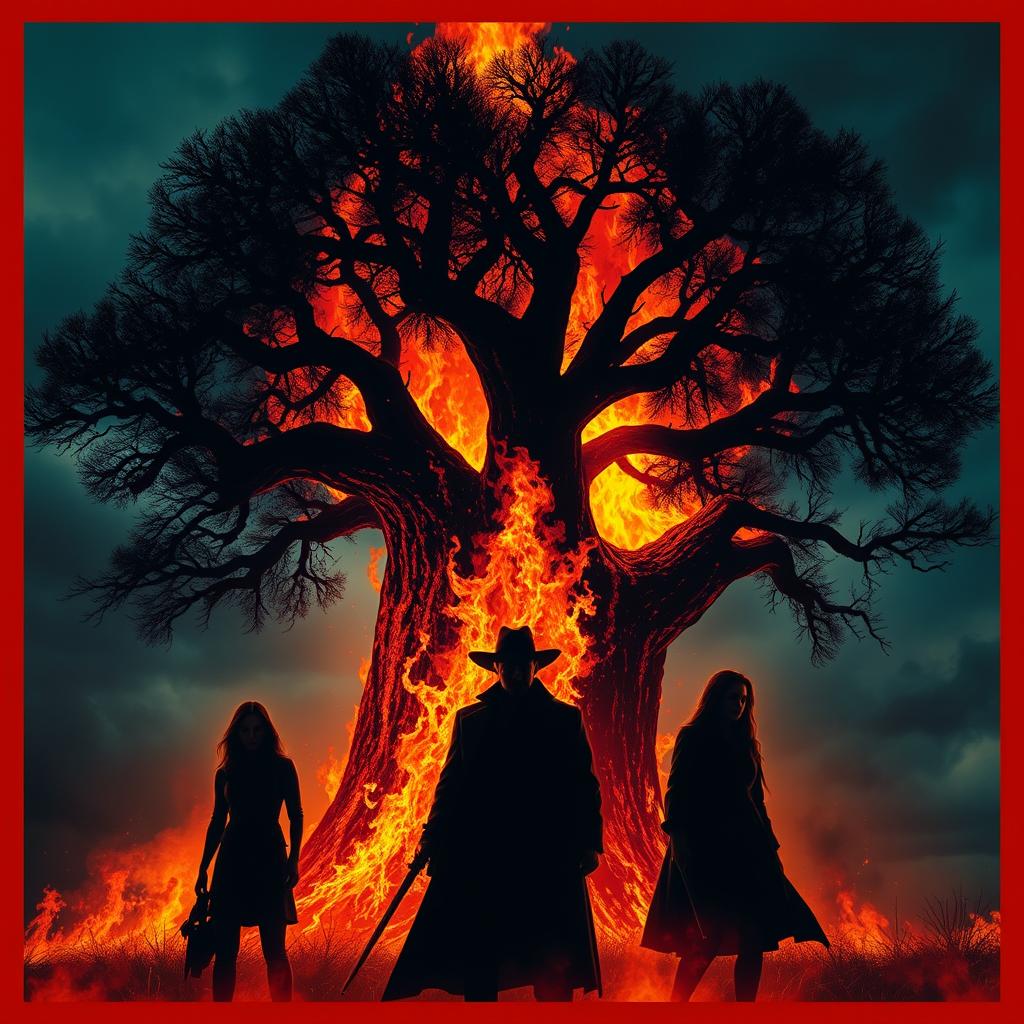 A dramatic poster showcasing a large, dark, burning tree as the central focus