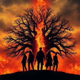 A dramatic poster showcasing a large, dark, burning tree as the central focus