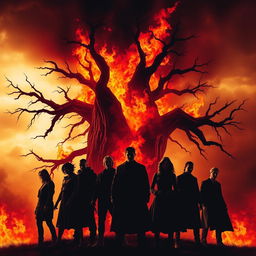 A dramatic poster showcasing a large, dark, burning tree as the central focus