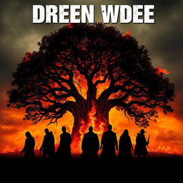 A dramatic poster showcasing a large, dark, burning tree as the central focus