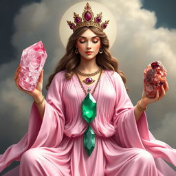 A realistic depiction of the Goddess of Harmony, adorned in a pink flowing dress that exudes serenity and grace