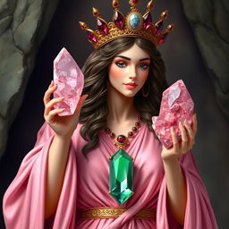 A realistic depiction of the Goddess of Harmony, adorned in a pink flowing dress that exudes serenity and grace