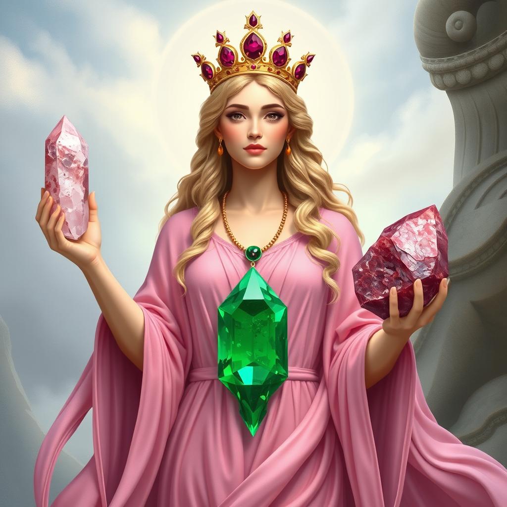 A realistic depiction of the Goddess of Harmony, adorned in a pink flowing dress that exudes serenity and grace