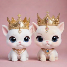 Adorable kawaii-style royal pets, with shiny crowns and regal accessories, twinkling eyes and blushing cheeks