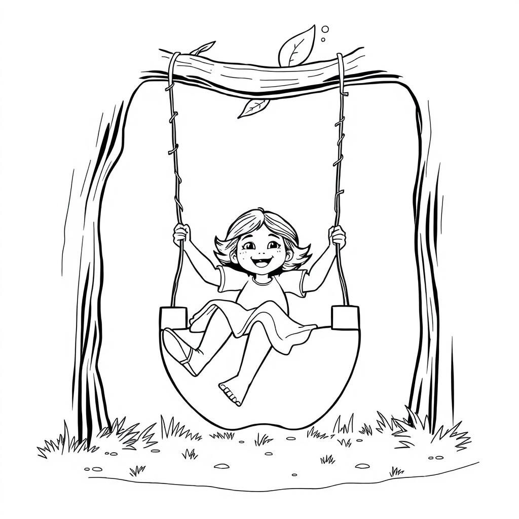 Black and white surreal coloring book illustration featuring a happy little girl joyfully swinging on a swing with a giant apple as the seat