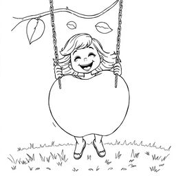 Black and white surreal coloring book illustration featuring a happy little girl joyfully swinging on a swing with a giant apple as the seat