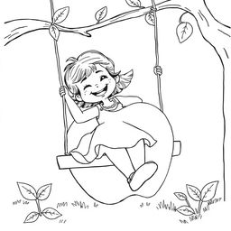 Black and white surreal coloring book illustration featuring a happy little girl joyfully swinging on a swing with a giant apple as the seat