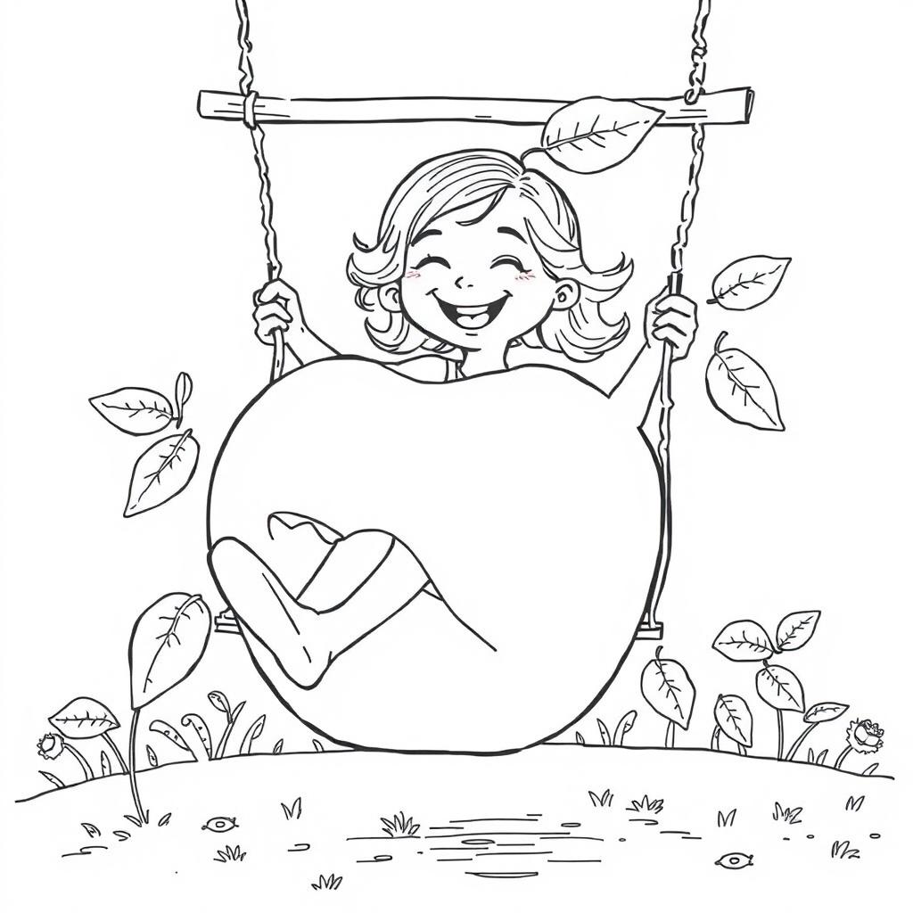 Black and white surreal coloring book illustration featuring a happy little girl joyfully swinging on a swing with a giant apple as the seat