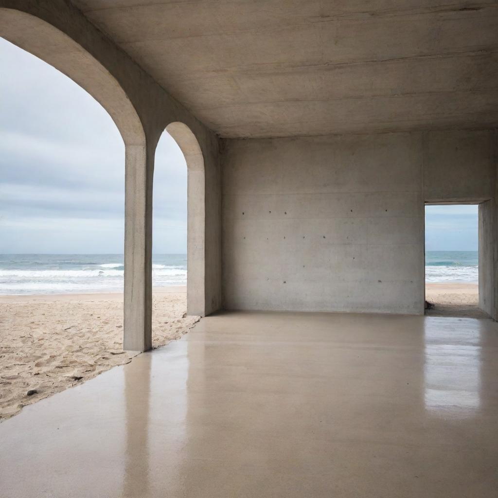 A concrete loft situated on the beach, with waves gently crashing on the shore in the background and warm sand surrounding the base of the building.