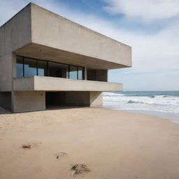 A concrete loft situated on the beach, with waves gently crashing on the shore in the background and warm sand surrounding the base of the building.