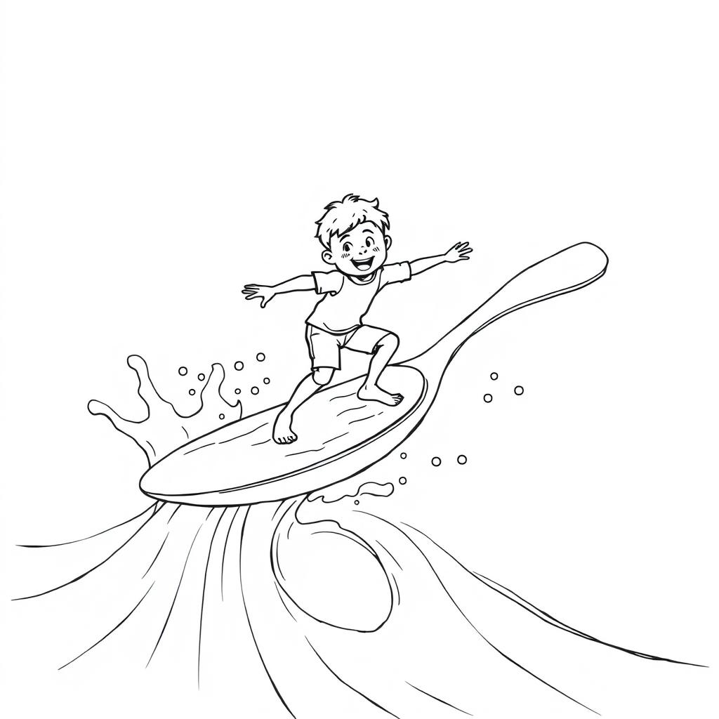 Black and white surreal coloring book illustration depicting a boy surfing on a giant spoon, riding a wave of milk