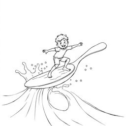 Black and white surreal coloring book illustration depicting a boy surfing on a giant spoon, riding a wave of milk