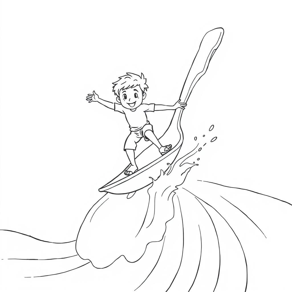 Black and white surreal coloring book illustration depicting a boy surfing on a giant spoon, riding a wave of milk