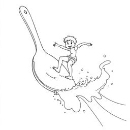 Black and white surreal coloring book illustration depicting a boy surfing on a giant spoon, riding a wave of milk