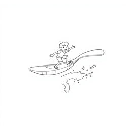 Black and white surreal coloring book illustration depicting a boy surfing on a giant spoon, riding a wave of milk