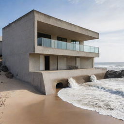 A concrete loft situated on the beach, with waves gently crashing on the shore in the background and warm sand surrounding the base of the building.